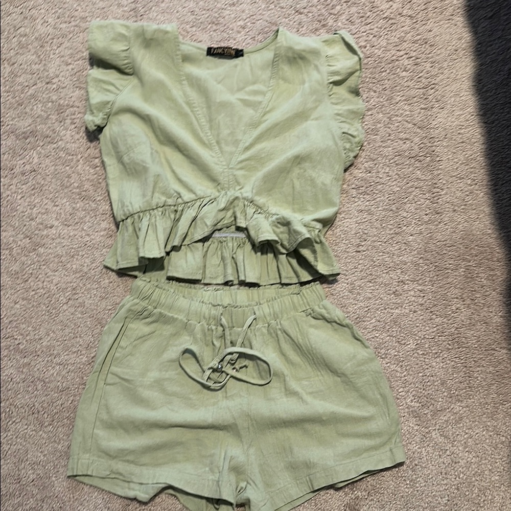 Green Ruffle Crop Top and Shorts Set